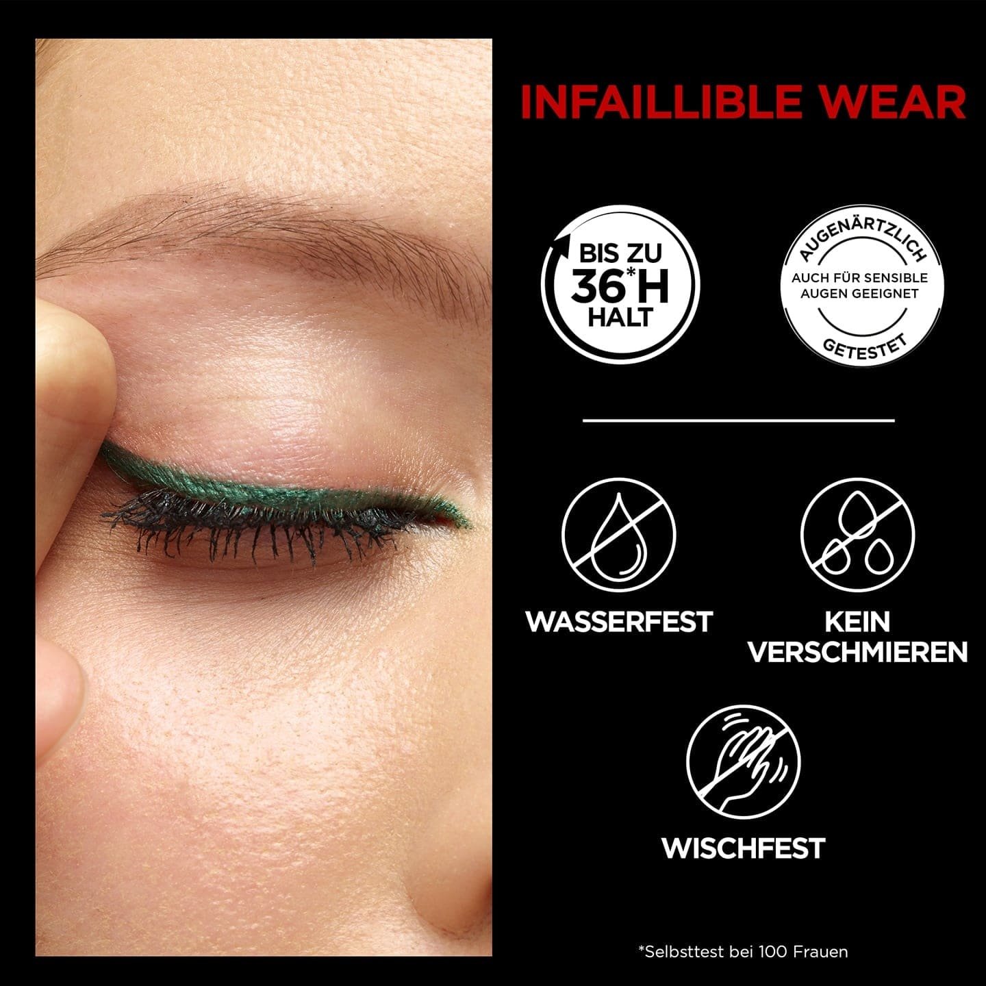 Nahaufnahme eines geschlossenen Auges einer Frau mit Make-up und Produktvorteilen daneben aufgelistet